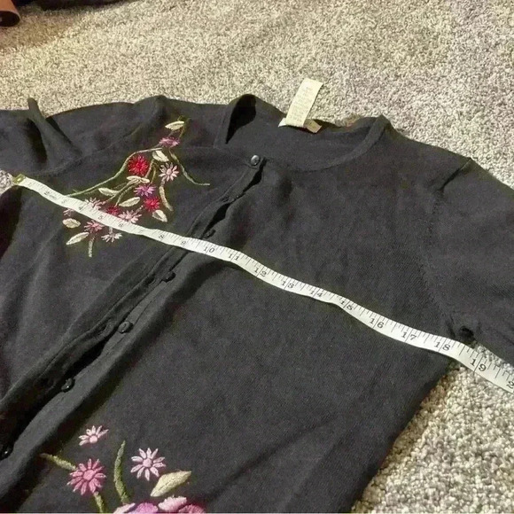 Apostrophe Sweater Womens Petite M Black Cardigan Floral 3/4 Sleeve - Picture 5 of 8